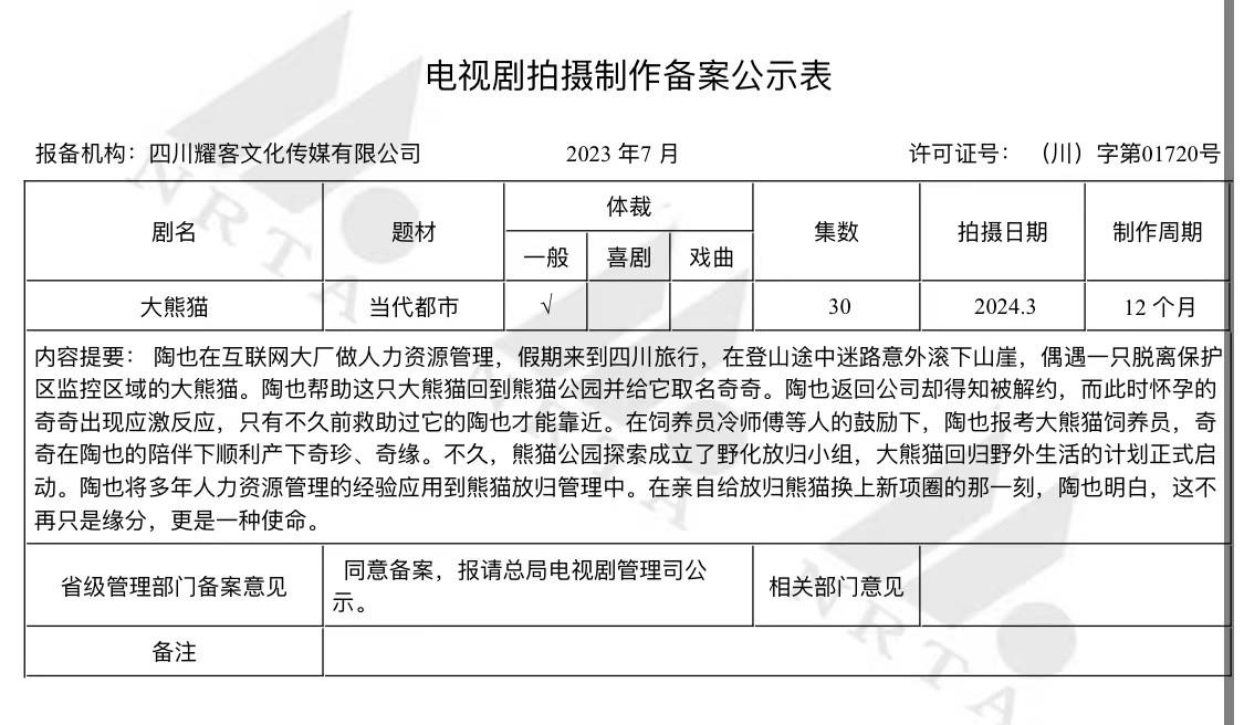 耀客文化联手治愈“顶流”，电视剧《大熊猫》备案通过