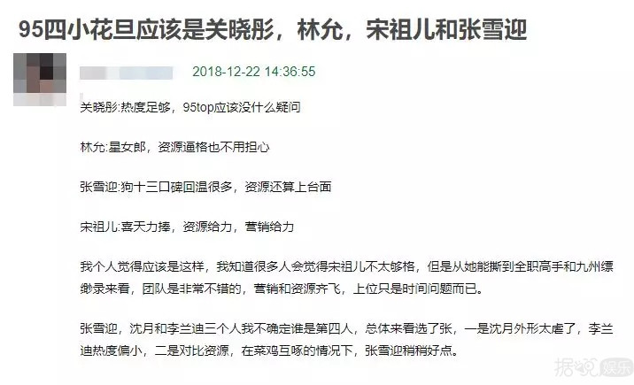 95后四小花旦评选，关晓彤票数落后，张雪迎上榜？